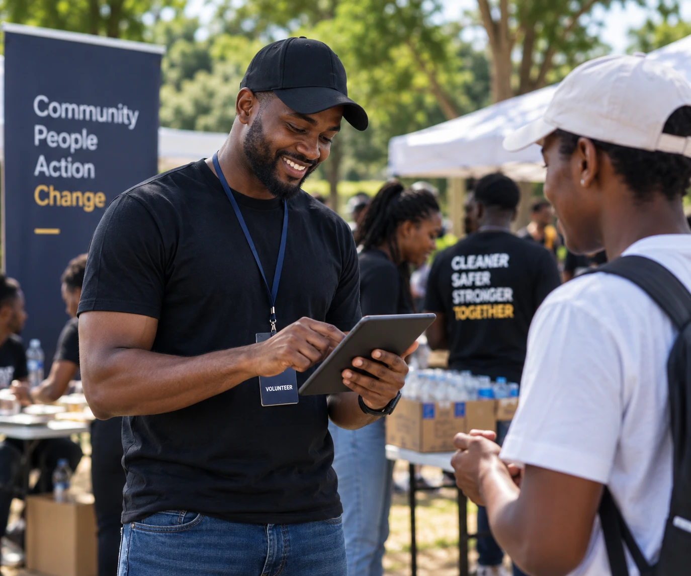 A volunteer with a tablet checks in attendees at an outdoor community event
