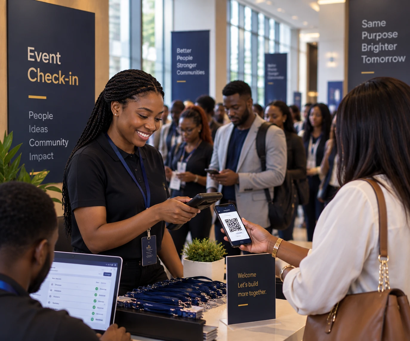 Staff scan a QR code from a guest's phone at an event check-in desk